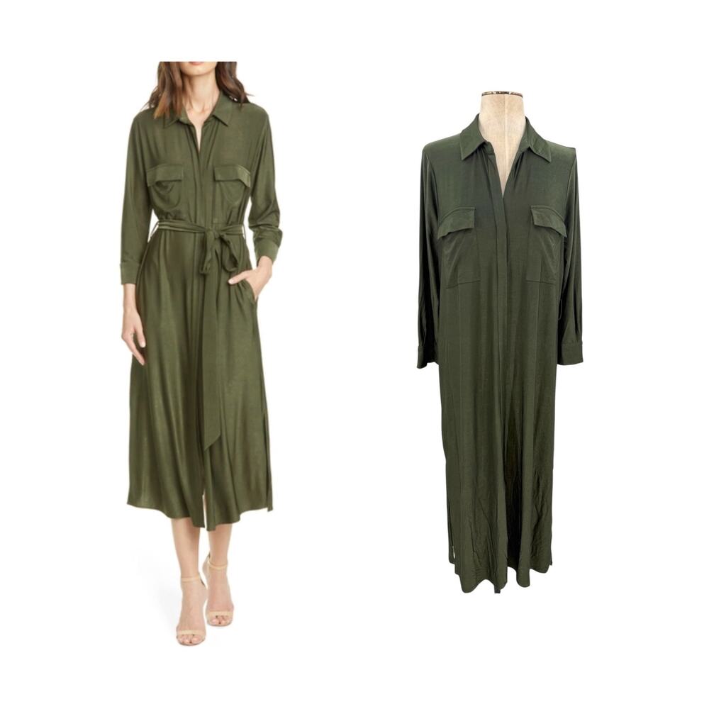 L'AGENCE Rivi Utility Shirt Dress Flap Pockets Side Slits Olive Green Size Large
